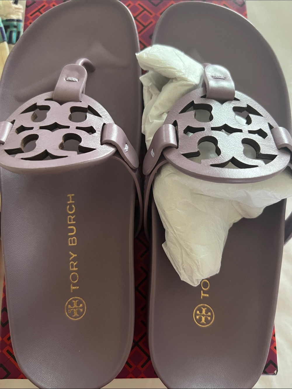 Tory Burch Cutout Logo Slide Sandals in Dusty Mauve